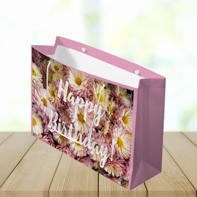 Happy Birthday Pink Chrysanthemums Floral Photo Large Gift Bag (In Situ)