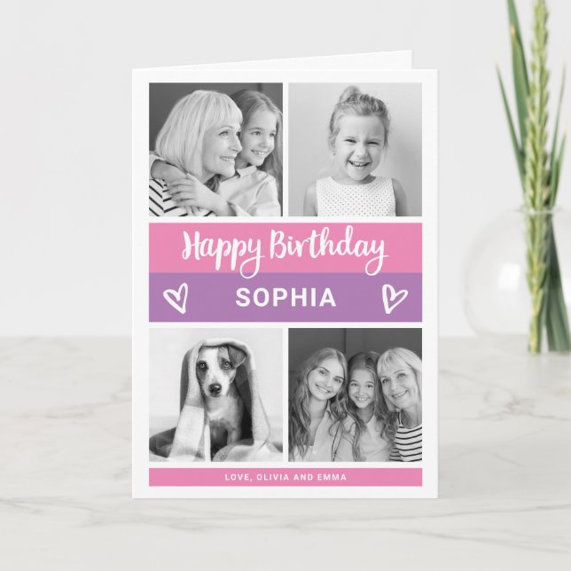 Happy Birthday | Pink Color Block Photo Grid Card (Front)