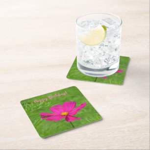 Happy Birthday Pink Cosmos Square Paper Coaster