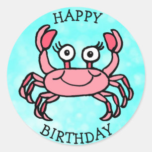 Happy Birthday Pink Crab Under the Sea Classic Round Sticker