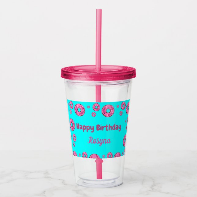 Happy Birthday pink cream donuts blue Acrylic Tumbler (Front)