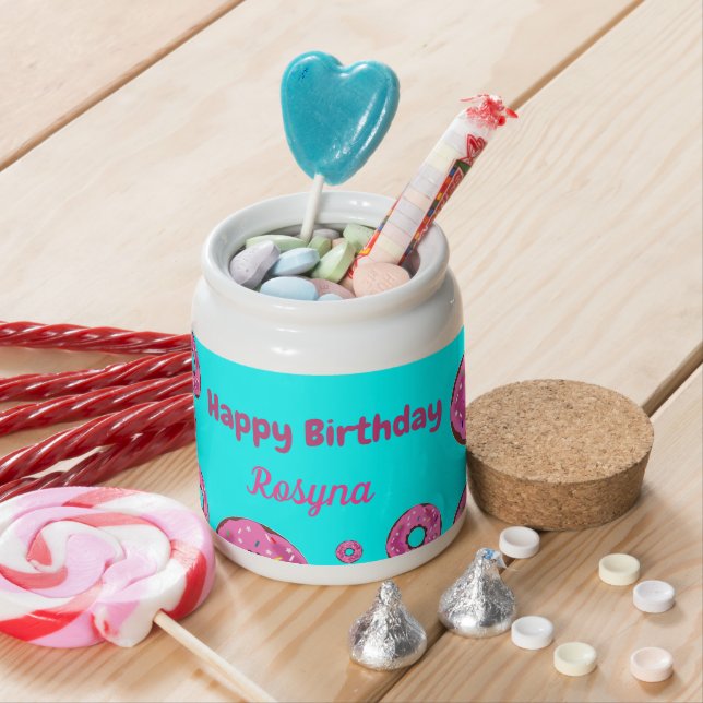 Happy Birthday pink cream donuts blue Candy Jar (In Situ)