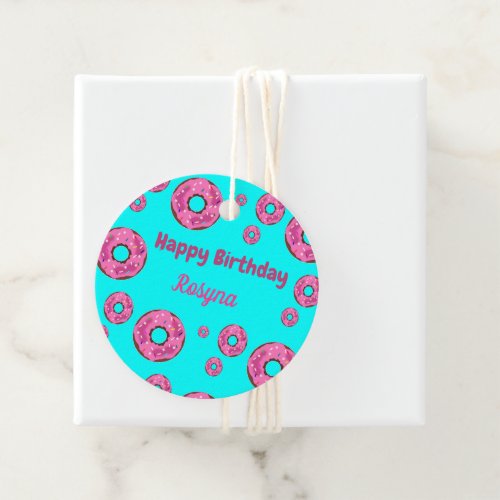 Happy Birthday pink cream donuts blue Favor Tags