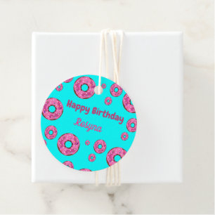 Happy Birthday pink cream donuts blue Favor Tags