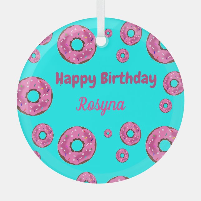 Happy Birthday pink cream donuts blue Glass Ornament (Front)