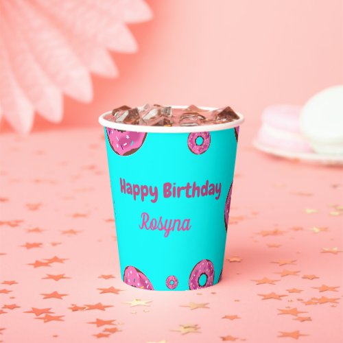 Happy Birthday pink cream donuts blue Paper Cups