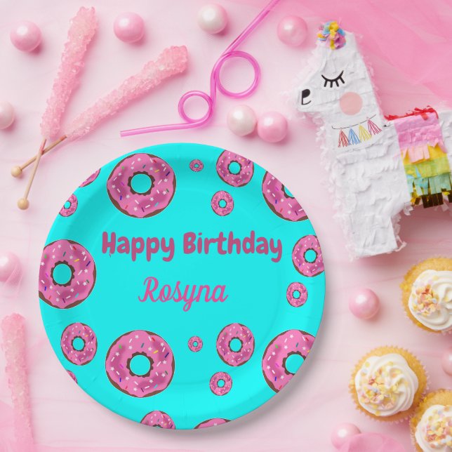 Happy Birthday pink cream donuts blue Paper Plates (Party)