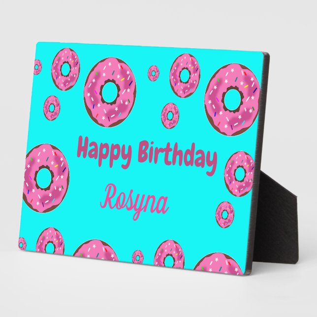 Happy Birthday pink cream donuts blue Plaque (Side)