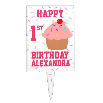 Happy Birthday Pink Cupcake And Sprinkles Cake Topper by csinvitations at Zazzle