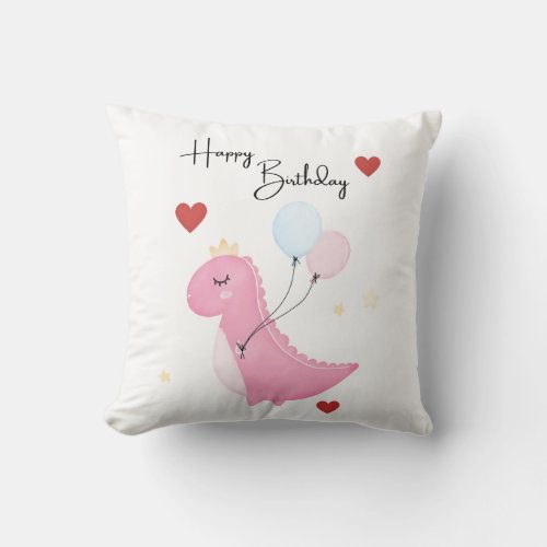 Happy Birthday Pink Dino Dinosaur Throw Pillow