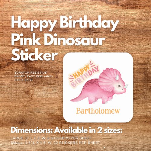 Happy Birthday Pink Dinosaur Sticker