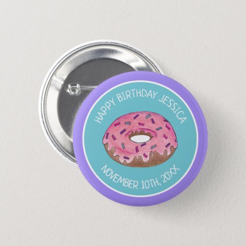 Happy Birthday Pink Donut Doughnut Bday Girl Paper Button