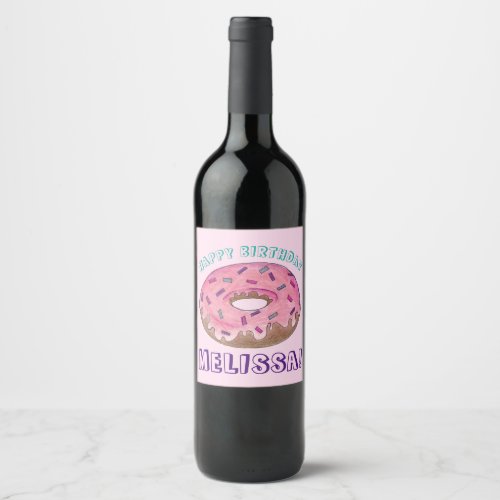 Happy Birthday Pink Donut Doughnut Party Favor Wine Label