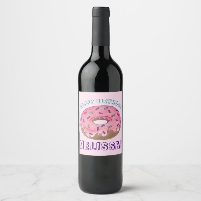 Happy Birthday Pink Donut Doughnut Party Favor Wine Label (Front)