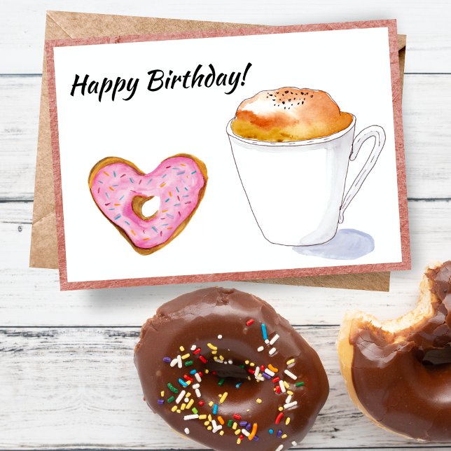 Happy Birthday Pink Donut Latte Card (A donut with a Cappuccino is all you need to wish someone a Happy Birthday!)