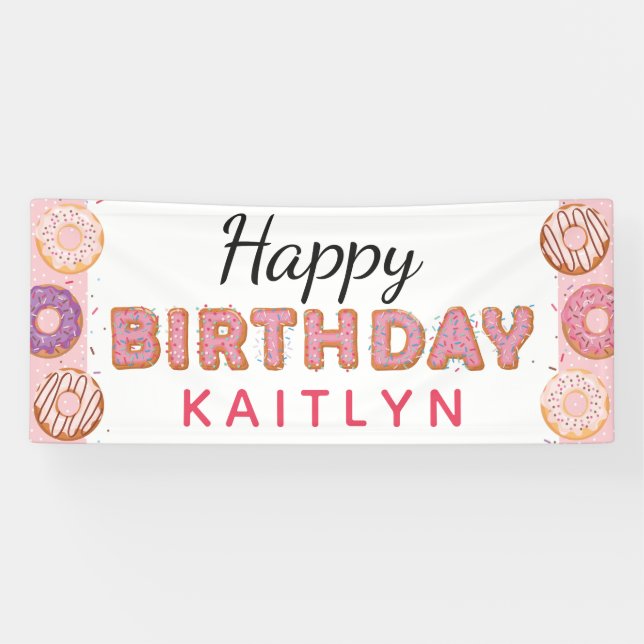 HAPPY BIRTHDAY Pink Donuts Baby Girl Custom Name Banner (Horizontal)