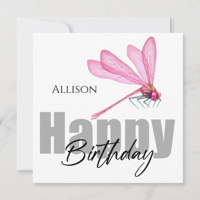 Happy Birthday Pink Dragonfly Personalized Name Card (Front)
