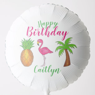 Happy Birthday Pink Flamingo Palm Tree Pineapple Balloon