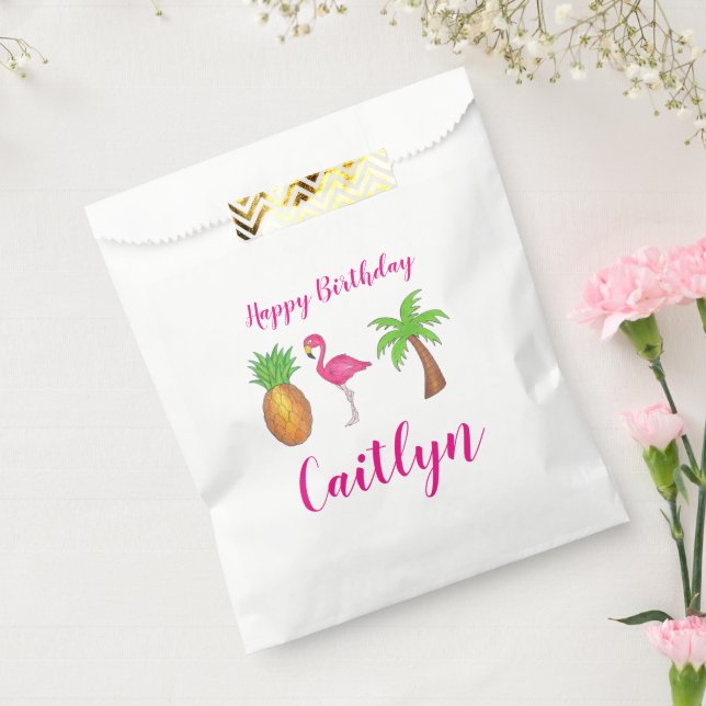 Happy Birthday Pink Flamingo Palm Tree Pineapple Favor Bag (Sealed)
