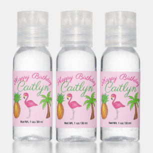 Happy Birthday Pink Flamingo Palm Tree Pineapple Hand Sanitizer