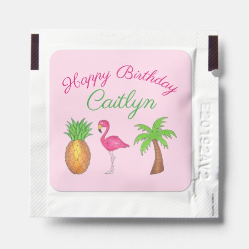 Happy Birthday Pink Flamingo Palm Tree Pineapple Hand Sanitizer Packet