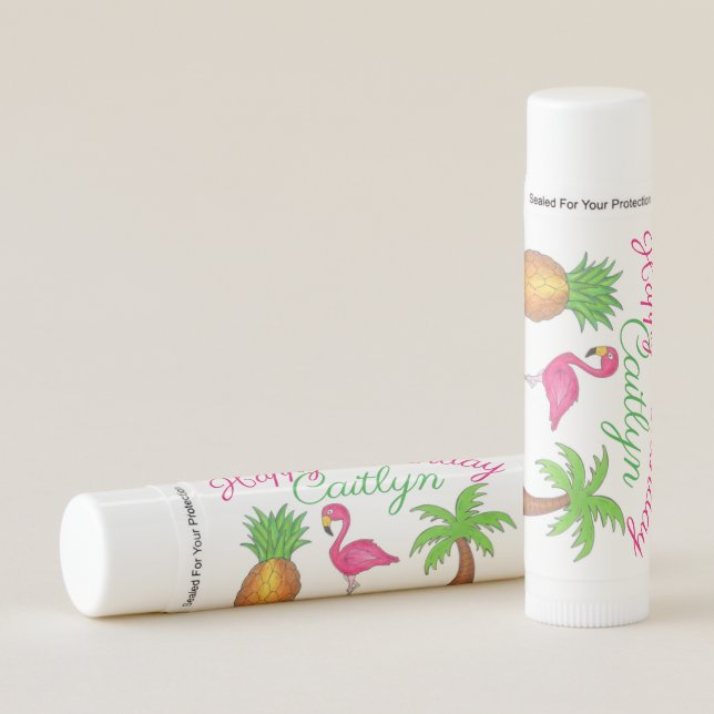 Happy Birthday Pink Flamingo Palm Tree Pineapple Lip Balm (Front)