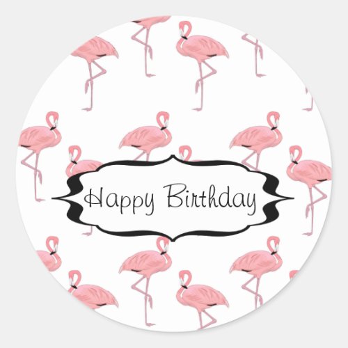 Happy Birthday Pink Flamingo Pattern Classic Round Sticker