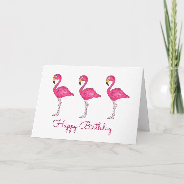 Happy Birthday Pink Flamingo Tropical Island Bird Card (Front)