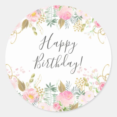 Happy Birthday Pink Floral Classic Round Sticker