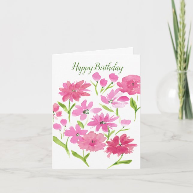 Happy Birthday Pink Floral Folded Note Card (Front)