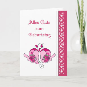Happy Birthday  Pink  Floral Hearts  Birds German Card