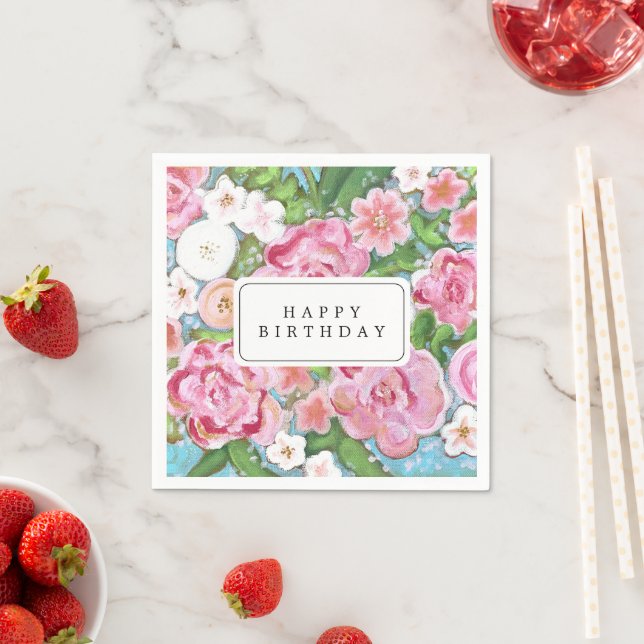 HAPPY BIRTHDAY Pink Floral Spring Blooms Napkins (Insitu)