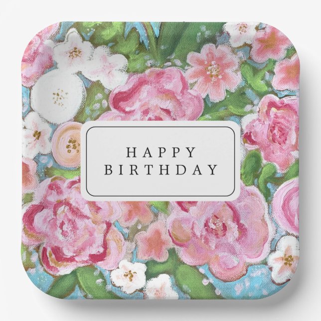 HAPPY BIRTHDAY Pink Floral Spring Blooms Paper Plates (Front)