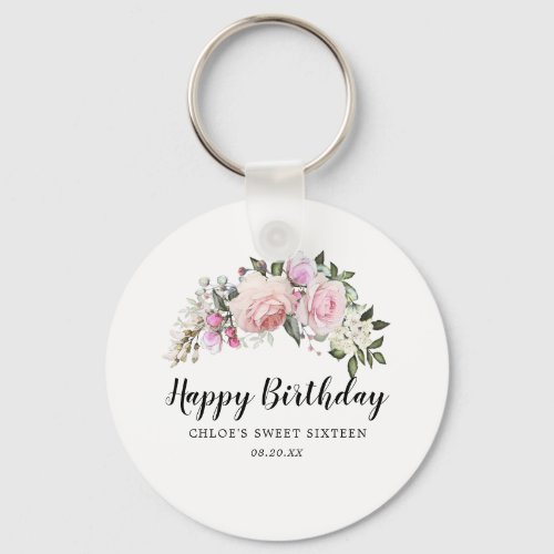 Happy Birthday Pink  Floral Sweet 16 Party Favor Keychain