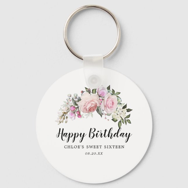 Happy Birthday Pink  Floral Sweet 16 Party Favor Keychain (Front)