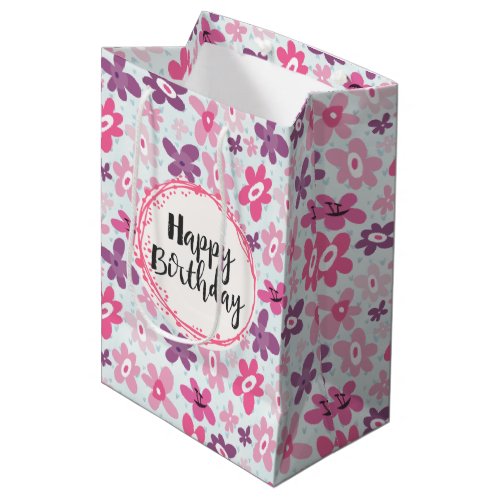 Happy Birthday Pink Flowers and Blue Hearts Medium Gift Bag