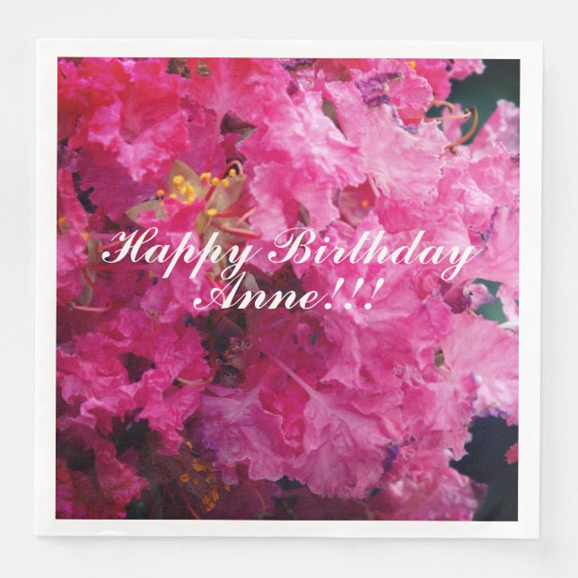 Happy Birthday Pink Flowers Custom Name Paper Dinner Napkins (Front)