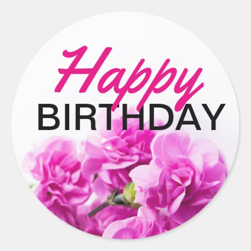 Happy Birthday Pink flowers on white background Classic Round Sticker