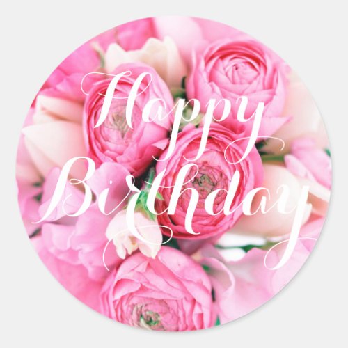 Happy Birthday Pink Flowers Stickers