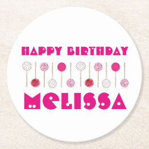 Happy Birthday Pink Frosted Cake Pops Party Favor Round Paper Coaster