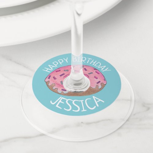 Happy Birthday Pink Frosted Donut Doughnut Wine Glass Tag