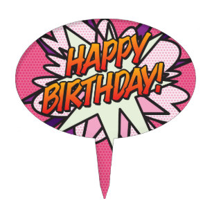 HAPPY BIRTHDAY Pink Fun Retro Comic Book Cake Topper