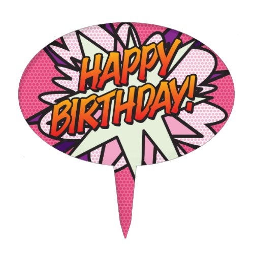 HAPPY BIRTHDAY Pink Fun Retro Comic Book Cake Topper