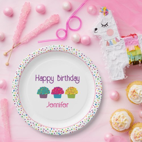 Happy Birthday Pink Girl Whimsical Cupcake  Paper Plates