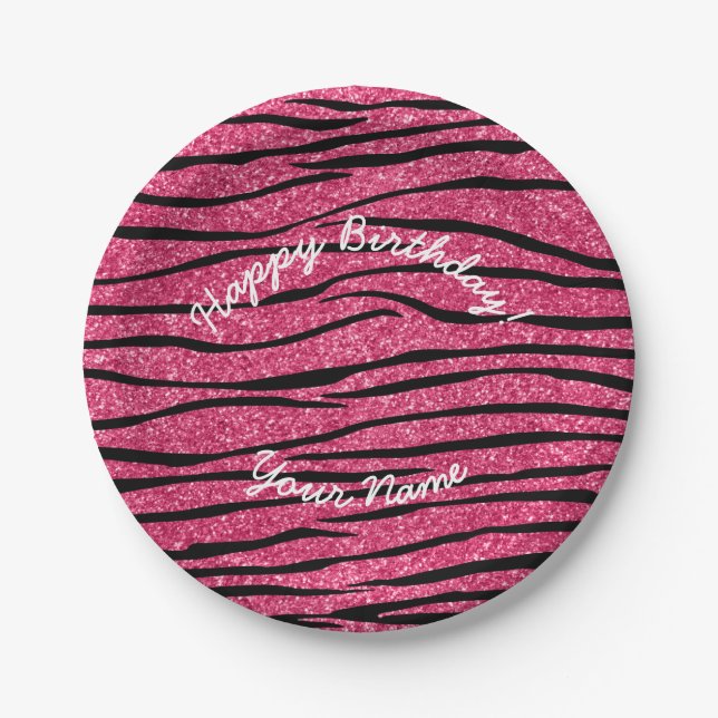 Happy Birthday pink glitter zebra stripes Paper Plates (Front)