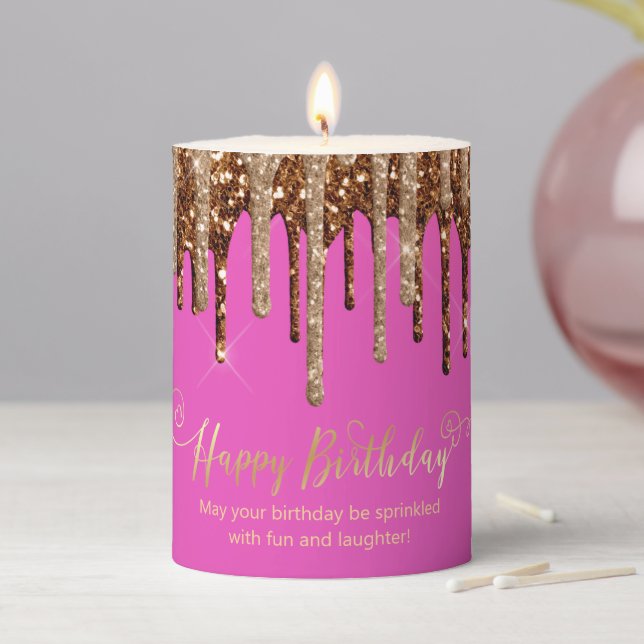 happy birthday pink gold dripping glitters luxury pillar candle (In Situ)