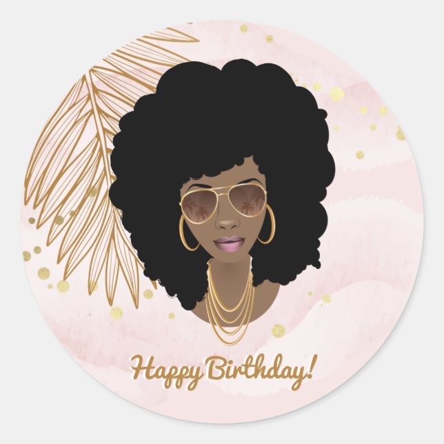 Happy Birthday, Pink & Gold, Tropical, Black Woman Classic Round Sticker (Front)
