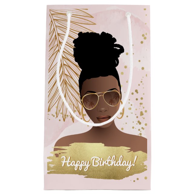 Happy Birthday, Pink & Gold, Tropical Small Gift Bag (Front)