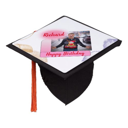 Happy Birthday Pink Gradient Modern Add Photo Name Graduation Cap Topper