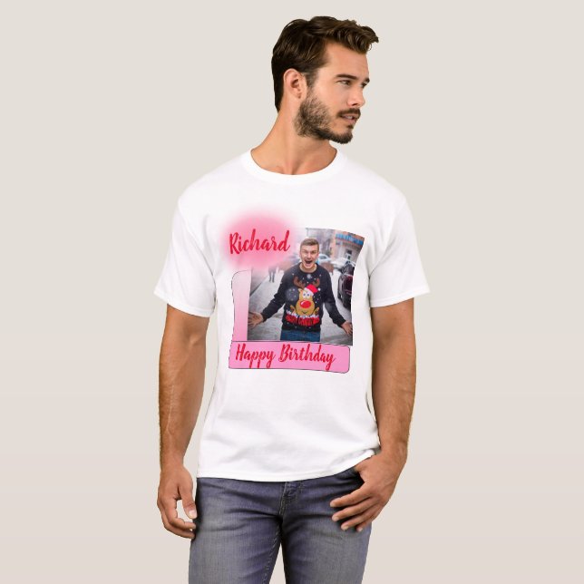 Happy Birthday Pink Gradient Modern Add Photo Name T-Shirt (Front Full)